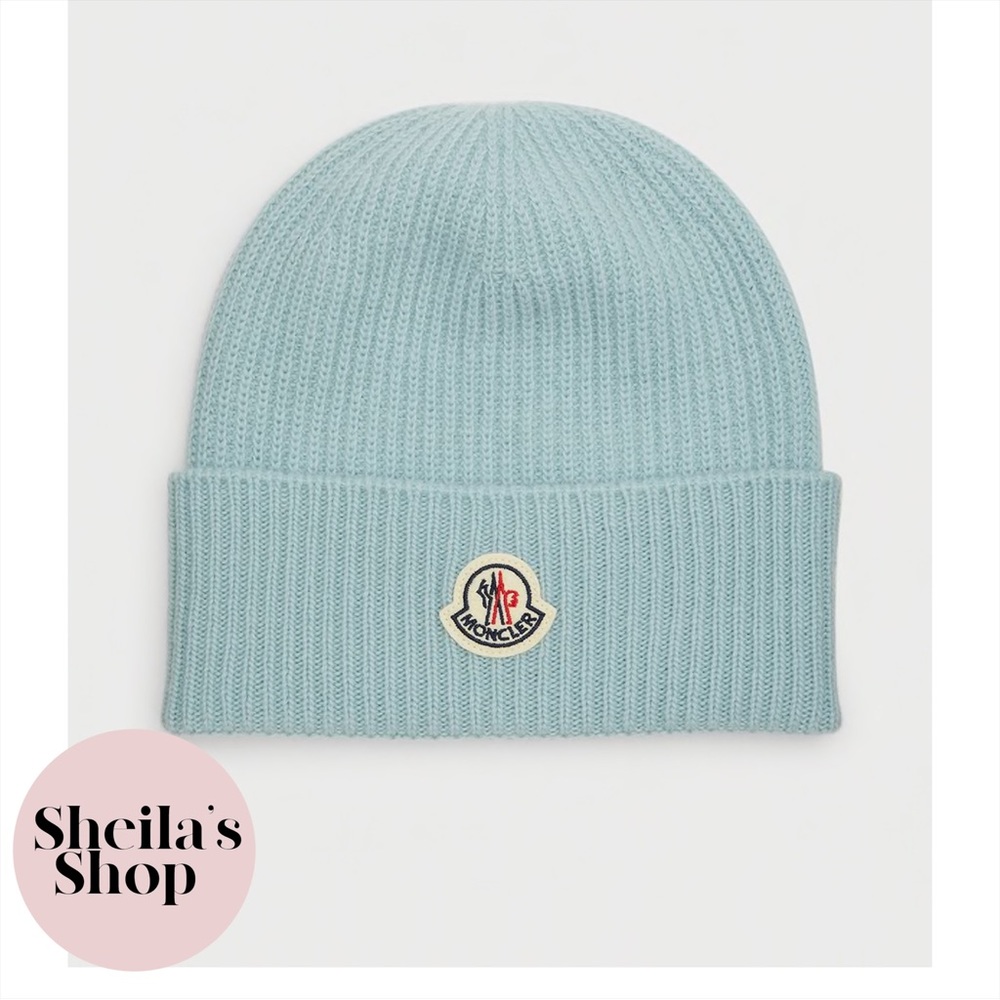 NWT Moncler Berretto Tricot Logo-Patch Beanie Wool & Cashmere Blend Hat Blue